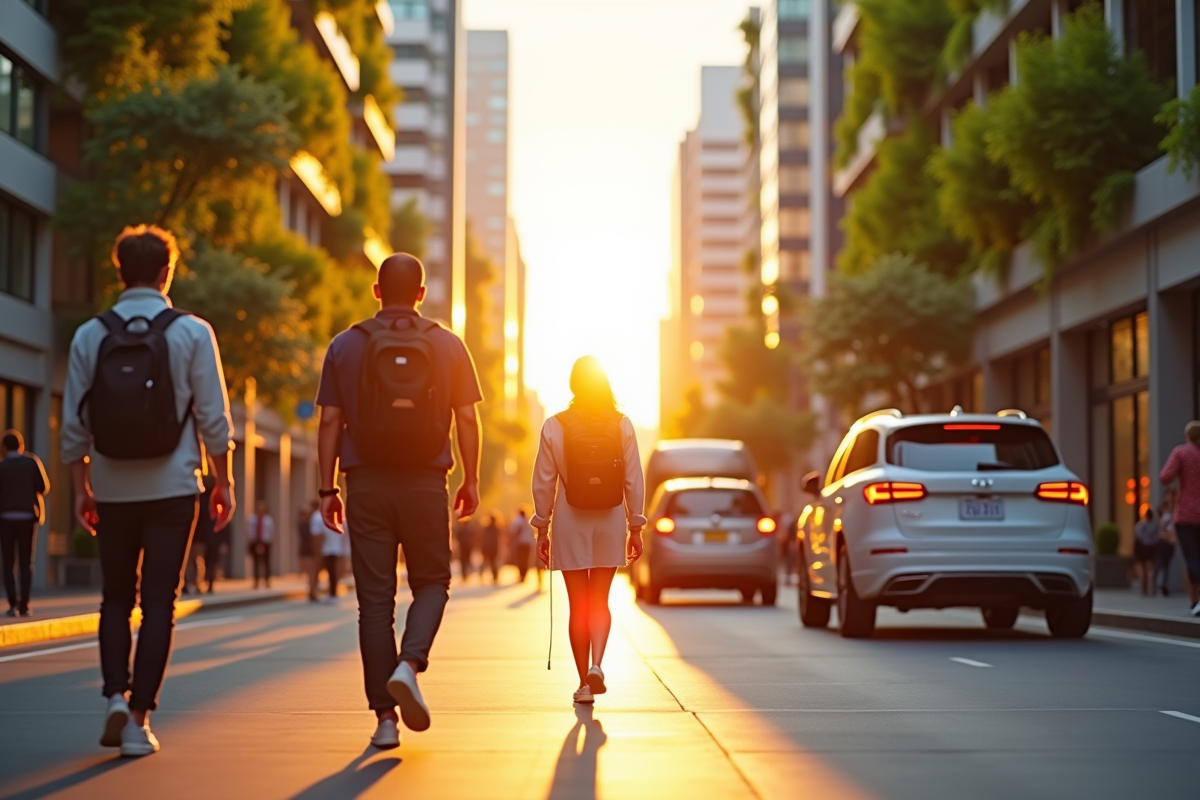 Scène urbaine au lever du soleil avec personnes utilisant des appareils connectés